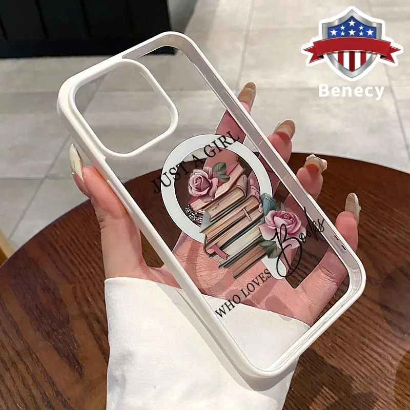 Magnetic Case for iPhone 16 Pro Max 15 Plus 14 13 12 11 XR E XS Bookish Rose Transparent Acrylic Scratch-resistant skin-friendly feel Smartphone Cover for Girl