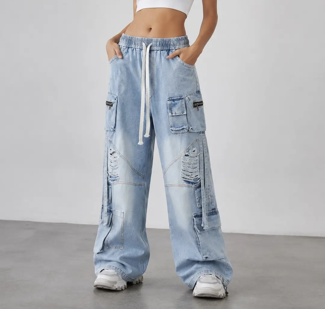 Flooo Women's Loose Wide Leg Distressed Cargo Jeans - Light Wash Streetwear Joggers with Elastic Waistband, Drawstring & Multi Zipper Pockets, Casual Utility Denim Pants for Street Style