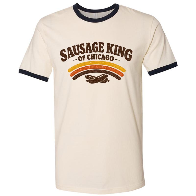 Men's Vintage Chicago Sausage King Graphic Short-Sleeve Crew Neck Tee - Distressed Retro Ringer, Casual Soft Menswear Top
