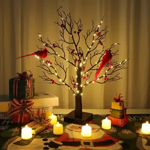 Vintage LED Glowing Tree with Cardinals & Berries – Battery-Operated Twinkle Light Decor for Christmas, Winter & Home Parties