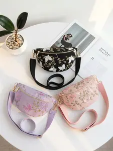 New fashionable embroidered women's chest bag, cute butterfly patterned waist bag, high-end elegant crossbody bag, linen patchwork mesh one-piece chest bag waist bag, women's wallet and shoulder bag, adjustable and detachable shoulder strap, suitable for