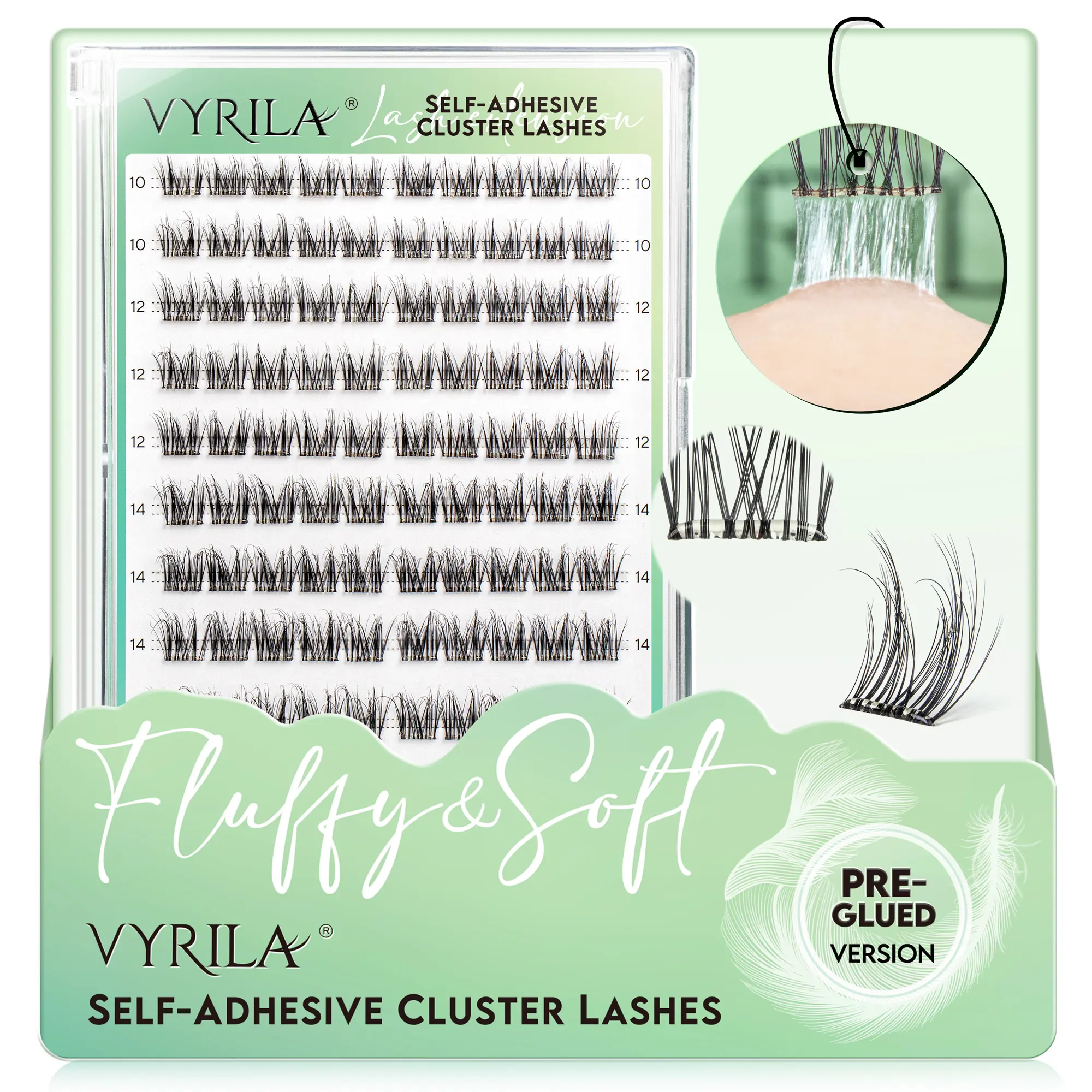 Self-Adhesive Lash Cluster, Pre-Glued Clusters, Pop-On Faux Eyelashes, 3D Thin Band D Curl Natural Look Lahses, Easy to Apply, Reusable 0.05mm Eyelash Extensions (Green Charm-D-0.05-10-16mix)