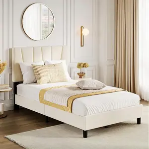 Beige Twin Size Linen Fabric Sturdy Platform Bed Frame - Modern Upholstered Bed with Adjustable Diagonal Tuft Headboard, Wooden Slats Mattress Foundation, Optional Box Spring for Quiet Sleep