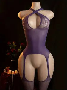 Women's Fishnet Knit Split Thigh Mesh Jumpsuits, Solid Color Cut Out Sexy Lingerie, Women's Sexy Lingerie & Underwear for All Seasons
