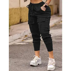 Solid Flap Pocket Jogger Cargo Pants, Casual Drawstring Pants For Spring & Fall, Women's Clothing