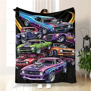 Muscle Car Blanket - Soft Lightweight Flannel Bedspread with Bold Neon Car Design Suitable for Couch, Bed, Travel, Camping - - Cozy Throw for,, Car Lovers  Warm Haven Textiles