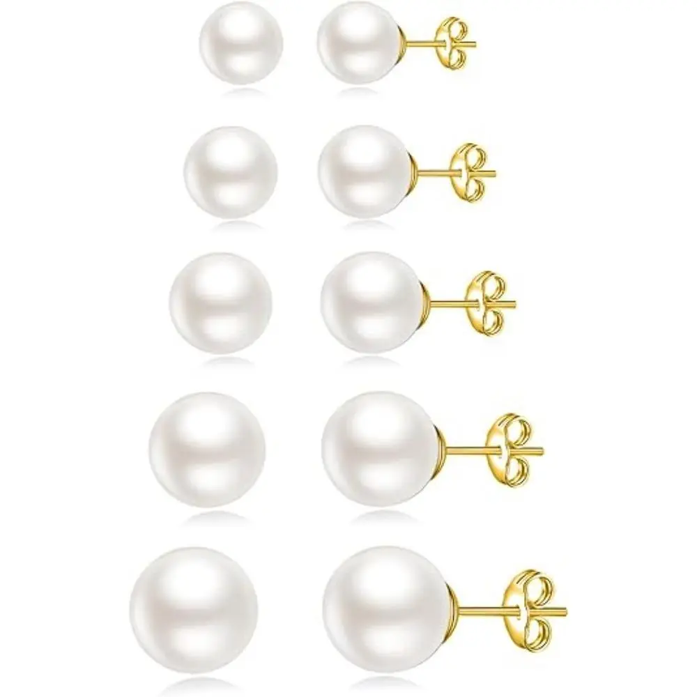5 Pairs Stud Earrings for Women 14K Plated Gold Pearl Ball Small Stud Earrings Set Cartilage Piercing Hypoallergenic Lightweight Flatback Earrings Jewelry Gifts for Women