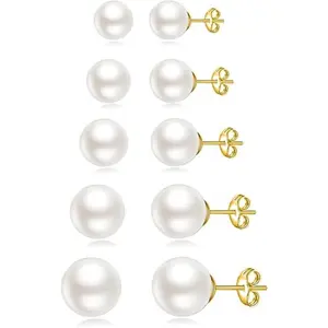 5 Pairs Stud Earrings for Women 14K Plated Gold Pearl Ball Small Stud Earrings Set Cartilage Piercing Hypoallergenic Lightweight Flatback Earrings Jewelry Gifts for Women
