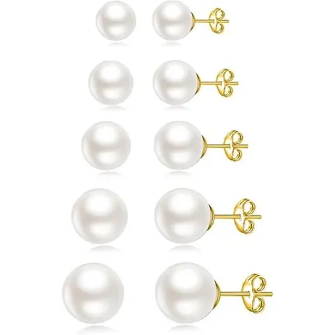 5 Pairs Stud Earrings for Women 14K Plated Gold Pearl Ball Small Stud Earrings Set Cartilage Piercing Hypoallergenic Lightweight Flatback Earrings Jewelry Gifts for Women