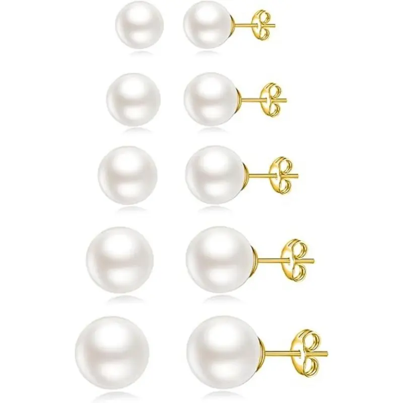 5 Pairs Stud Earrings for Women 14K Plated Gold Pearl Ball Small Stud Earrings Set Cartilage Piercing Hypoallergenic Lightweight Flatback Earrings Jewelry Gifts for Women