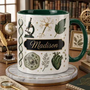 Custom Biology Teacher Name Mug, Personalized Science Coffee Cup, 2D Printed 3D Effect Design with DNA, Microscope, Cell and Anatomy Art, Green Ceramic Gift for Biology Teacher, Professor, Mentor
