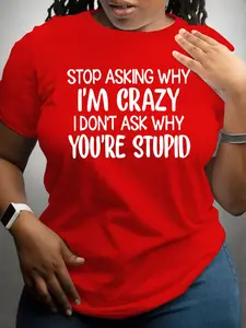 【Plus Size】 Letter Print Round Neck Tee, Fashion Casual Crew Neck Short Sleeve T-shirt for Daily Outdoor Wear, Women Plus Clothing for All Seasons, Womenswear