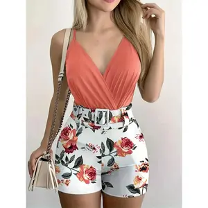 Vibrant Floral Two-Piece Set - Surplice Neck Cami Top with Adjustable Straps & High-Waisted Belt Shorts Outfit for Women - Perfect for Spring and Summer, Casual Daily Wear, Beach, and Outdoor Activities Clothes Pants
