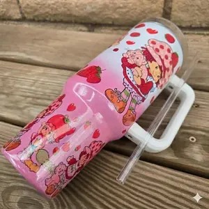 Cute Strawberry Girl Tumbler 40oz With Handle, Pink Kawaii Cartoon Stainless Steel Travel Mug, Aesthetic Drink Cup Gift for Girls
