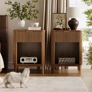 Oxirth 7.9" Narrow Nightstand Set of 2, 23.6" Tall Fluted Bedside Table with 3 Drawers, Wooden Slim Side End Table, Mid Century Modern Night Stand for Bedroom Living Room Sofa Office