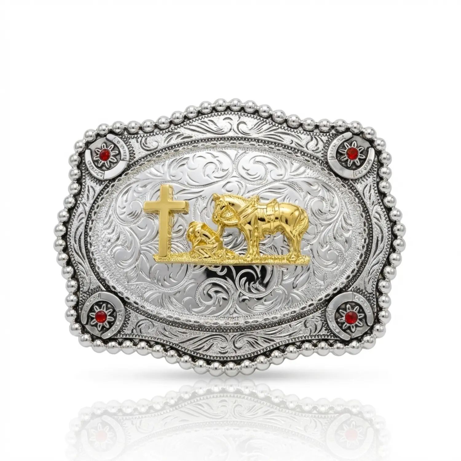 Praying Cowboy Western Belt Buckle – Christian Cross Hebilla Vaquera Rodeo Silver Gold Red Jewel Horseshoe Corners Fits 1.6 Inch Men Belt