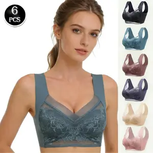 [6PCS] Women's Contrast Lace Wireless Push Up Bras - Soft Breathable Seamless Full Coverage Bralettes with Mesh Detail, Invisible Backless Design for Daily & All-Season Wear
