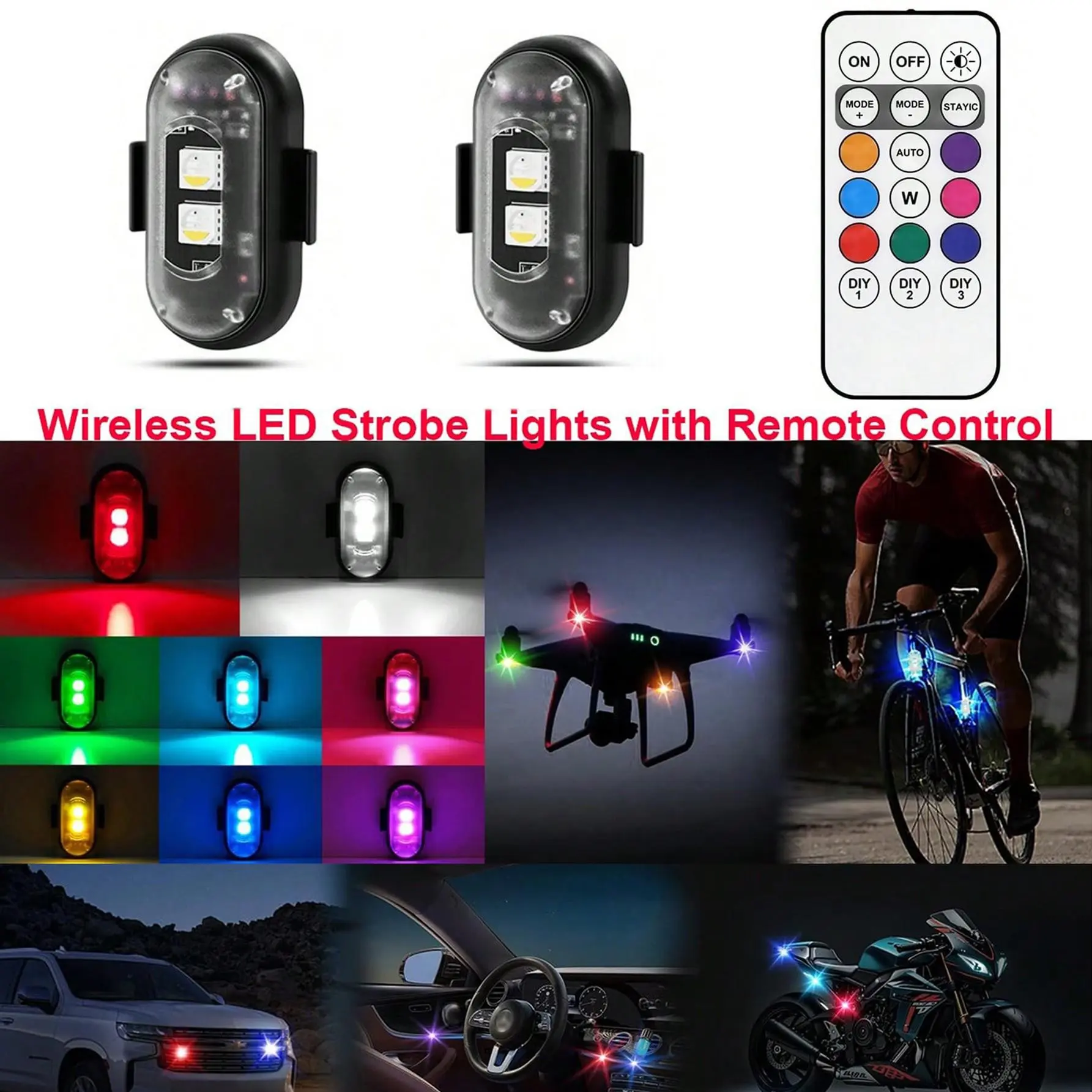 Wireless LED Flashlight Set, Strobe Lights, Remote Control, 8 Colors, USB Rechargeable, Waterproof, Emergency Light, for Car, Bike, Bicycle Lights, Drone, 110mah Battery