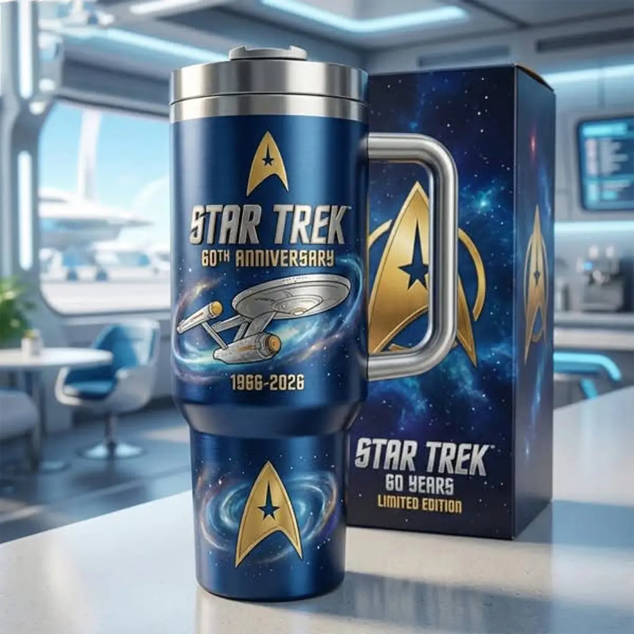 Star Trek Uss Enterprise Ncc 1701 60Th Anniversary Tumbler 40oz With Handle & Straw, Limited Edition Collector Cup, Uss Enterprise Ncc-1701 Galaxy Stainless Steel Travel Mug, Star Trek Spaceship Gift, Insulated Drinkware
