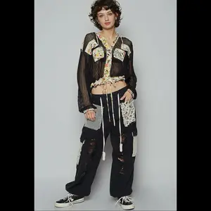 POL Vintage Wash Crochet Patches Distress Jogger Pants for Women's Bottoms Fashionable & Stylish Design - Womenswear Comfort