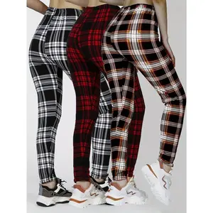 3 Pieces Plaid Pattern High Waist Workout Leggings, Casual Skinny Stretch Leggings, Suitable for Daily, Women's Clothing