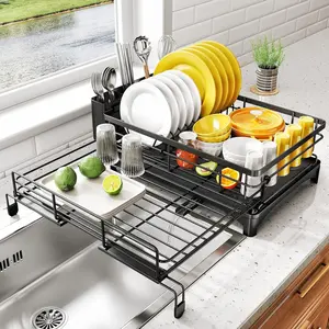 Single-layer portable draining rack, upgraded single-layer retractable draining rack, suitable for kitchen countertops, made of rust-resistant material (the upgraded version comes with practical accessories such as a water tray and a chopstick holder)