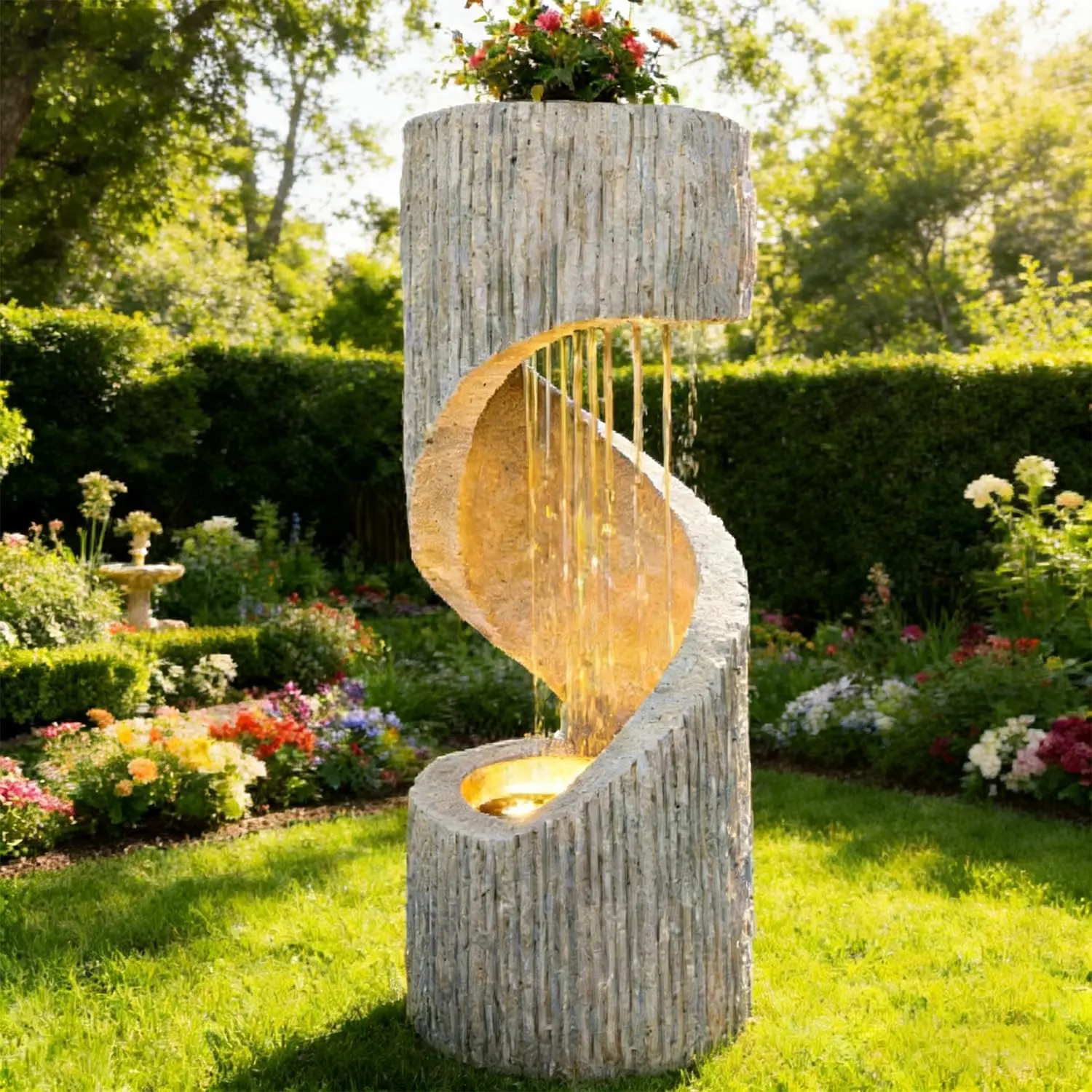 Outdoor LED Water Fountain - Resin Calming Spiral Recirculating Water Feature with Quiet Submersible Pump, 10.63*10.63*29.92 in All-Seasons Modern Garden Decor for Patio