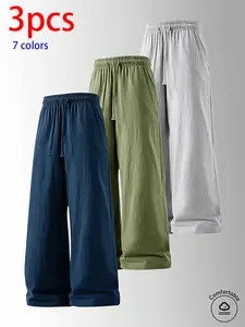 3-pack men’s pure cotton long pants: loose straight casual pants, sweatpants/joggers, featuring a drawstring waistband design. Available in multiple colors. Suitable for home lounging, daily commuting, outdoor walks, short trips, camping—versatile casual