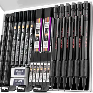 Nicpro 35Pack Art Mechanical Pencil Set, Metal Drafting Pencil 0.5, 0.7, 0.9,1.3 mm & 2mm with 21 Tube Lead Refills(6B 4B 2B HB 2H 4H Colors) Weatherproof Barrel for Outdoor Writing Drawing Sketching