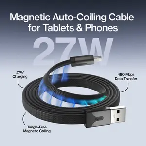 STATIK MagStack Slim USB-A: Cable 27W Fast Charge 480Mbps Data Transfer Ultra-Slim Magnetic Auto-Coiling 10,000 Bend Braided Nylon for Laptop Tablet Phone