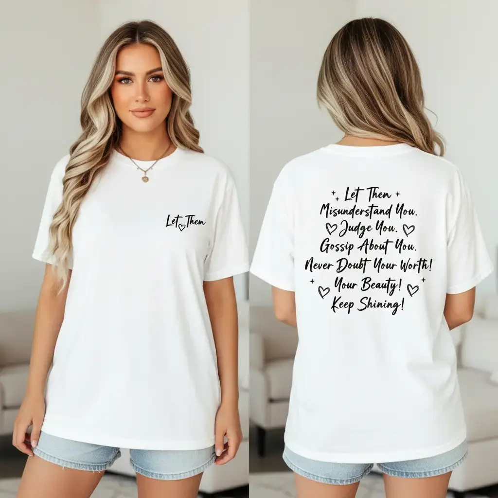 Women's Casual "Let Them" Graphic T-Shirt, Oversized Fit Short-Sleeve Top in Soft Breathable Cotton with Inspirational Back Print, Shortsleeve, Heart, Tshirt, Elegant, Everyday, All Seasons, Classic