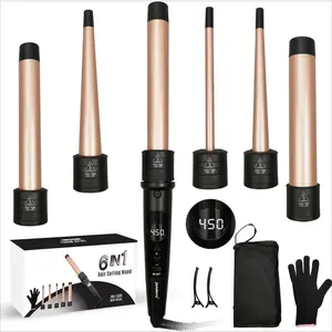 6 in 1 Hair Wand Curling Iron - 180-450℉ Long-Lasting Ceramic Hair Curlers, 0.35 To 1.25 Inch Curling Wand Set for All Women, 100-220V Hair Waver with LCD for Gifts for Women - Gold