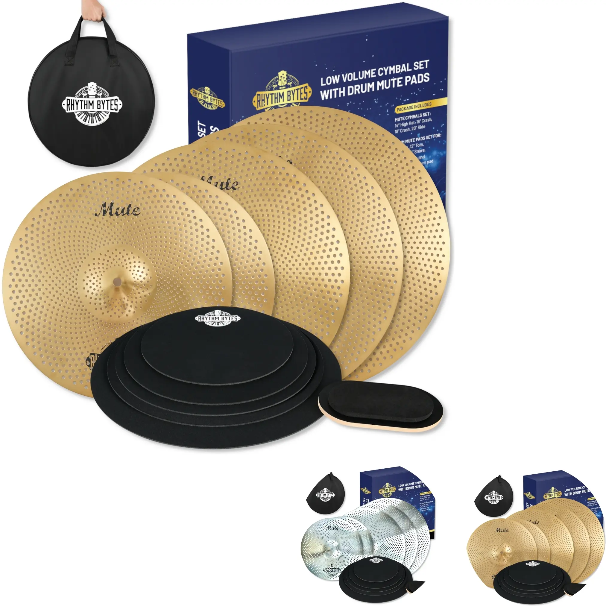 Rhythm Bytes Low Volume Cymbal Pack with Drum Mute Pads, 12pcs Cymbal Set & Drum Silencer Pads, Quiet Drum Set Cymbals 14"/16"/18"/20" | Drum Mute Pak 10"/12"/13"/14"/16", 1 Bass Drum Mute Pad, Free Cymbals Bag