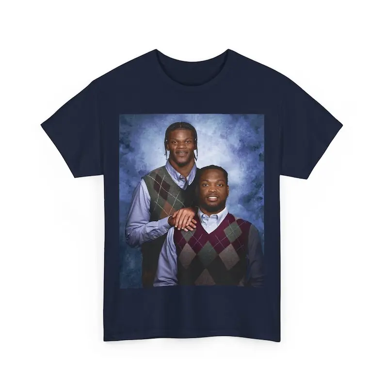 Men's Classic Short-Sleeve Cotton Round Neck T-Shirt - Vintage Lamar Jackson Derrick Henry Baltimore Step Brothers Football Graphic, Casual Menswear Merch, Breathable Cotton Fabric Top, Football Festival Vibes, Preppy, Cute, Do Not Dry Clean, Fitted