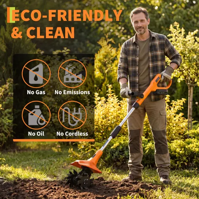 Cordless Garden Tiller Cultivator for Raised Beds and Yards, 20V with 2 × 2.0Ah Batteries, 9-Inch Width, 6.3-Inch Depth, Black and Orange