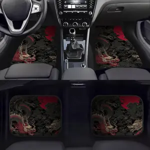A set of 4 car mats featuring an elegant dragon design with red sun and cloud patterns for front and rear use. These decorative rugs are versatile and suitable for a wide range of models