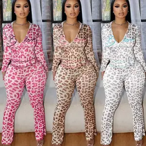 Two Piece Long Sleeve Zipper Hoodie Leopard and Flared Long Pants Casual Streetwear Leopard 2 Piece Set Women