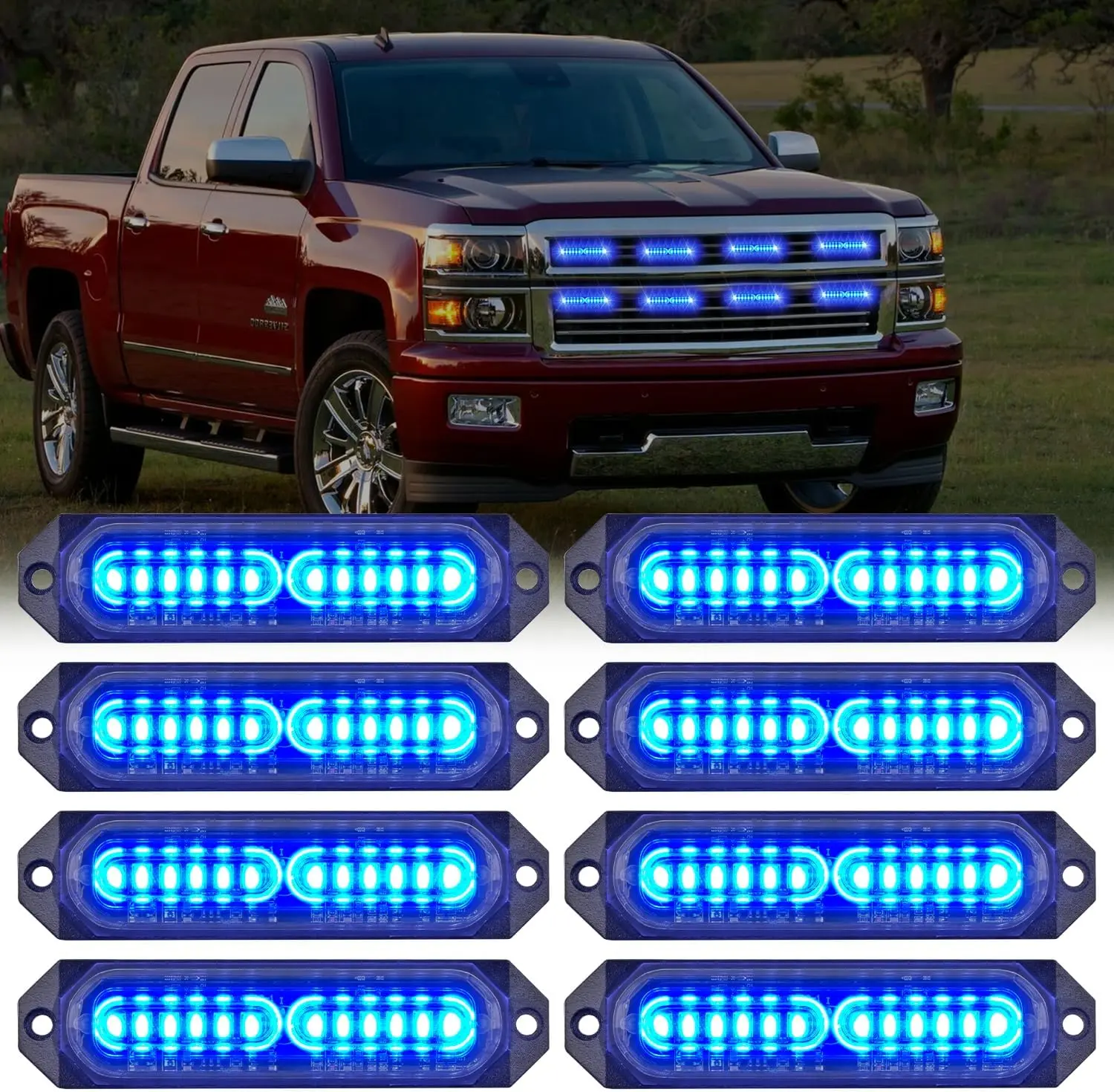 Nilight 8PCS 12-LED Blue Strobe Grille Lights - 12V-24V Slim Profile Surface Mount Mini, Bright LEDs, Easy Wiring, 26 Flash/Steady Modes, Tractors/Trucks/ATVs Off-Road Accessories, Father's Day Gift