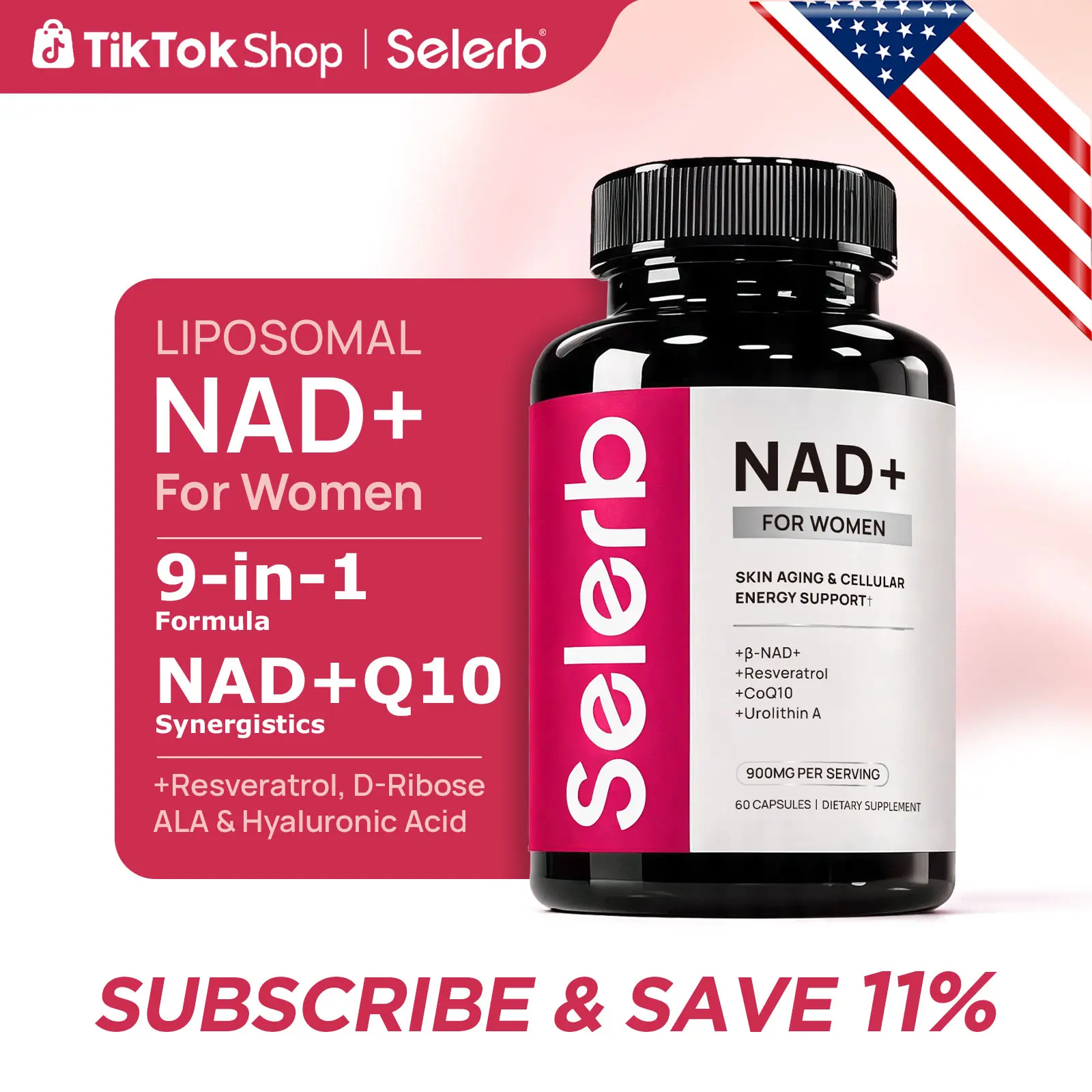 Selerb NAD+ Supplement for Women NMN Alternative Liposomal -β-NAD+, Trans-Resveratrol, CoQ10, D-Ribose - Supports Cellular Renewal, Energy & Skin Health - 60 Capsules Fathersdaygift Healthcare Dietary Vitamins