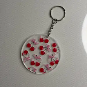 Cherry Blossom Keychain Round Acrylic Key Ring with Red Cherries and Pink Flowers Design Personalized Llavero Rituales