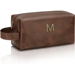 Men’s Personalized Gift Initial Travel Toiletry Bag for Him PU Leather Waterproof Shaving Bag for Travel Essentials Birthday Gift for Dad Husband Boyfriend (M)