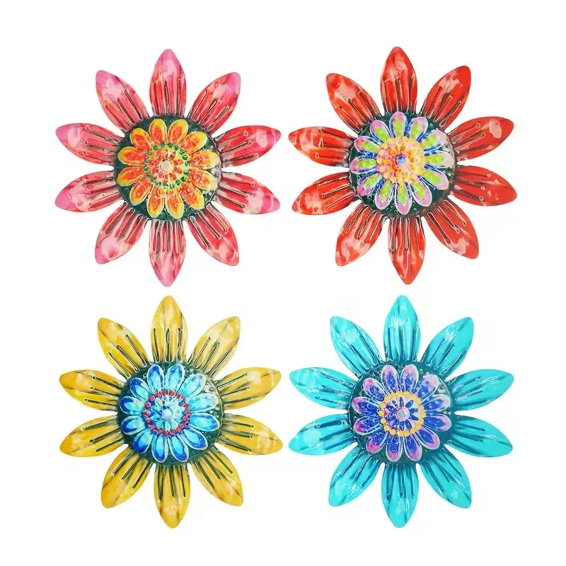 4pcs Metal Flower Creative Wall Art Decorations, Vibrant Colorful Iron Floral Crafts, Indoor Outdoor Garden, Wedding Party Home Decor Products, Room Decorations, Decorative Artwork
