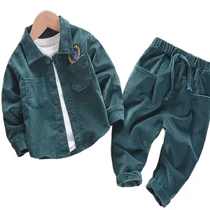 Spring and Autumn Boys' Fashion Corduroy Single breasted Shirt Long Sleeve+Interior+Long Pants 3-Piece Set