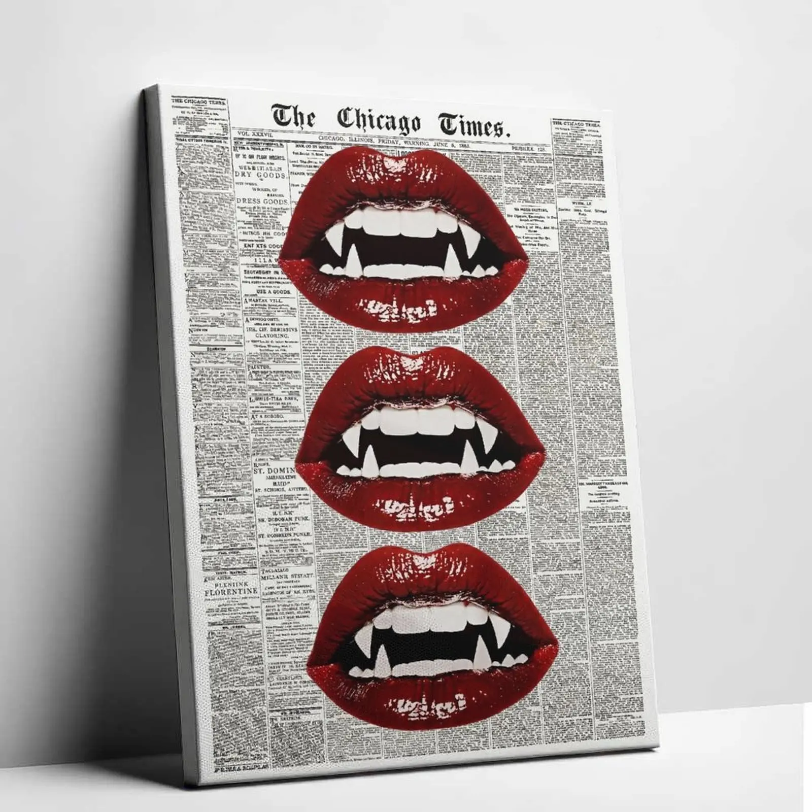 Vampire Slayer Vampire Lips Pop Artistic Canvas Wall Print - Vintage Newspaper Grunge Gothic Home Decoration for Cool, Funky Rooms & Apartment Accessories
