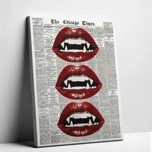 Vampire Slayer Poster Vampire Lips Pop  Canvas Wall  - Vintage Newspaper Grunge Gothic Decor art