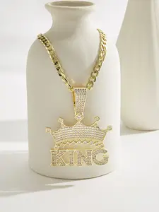 Hiphop Crown King Pendant Necklace, 5mm Figaro Chain Copper Plated Punk Style Jewelry, 24 Inch Chain, Gift for Boyfriend Party