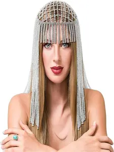 Quelay Water Drill Headband Hat, 1920s Long Fringe Crystal Diamond Hair Chain, Vintage Aesthetic Belly Dance Ready Wedding Party Essential Accessory for Women