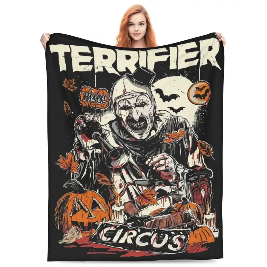 Terrifier Art The Clown Soft Blanket Throw Flannel Printed Decorative Fleece Textile Horror Themed Blanket Portable Lightweight Cozy Throw Blanket for Sofa Couch Bed Bedroom Halloween Spooky Home Accent