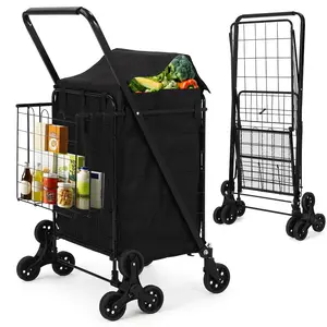 Stair Climbing Shopping Cart with Waterproof Liner, Folding Utility Cart with Rear Tri-Wheels, 360° Swivel Wheels, Portable Collapsible Grocery for Laundry, Shopping, Camping, Grocery, Luggage