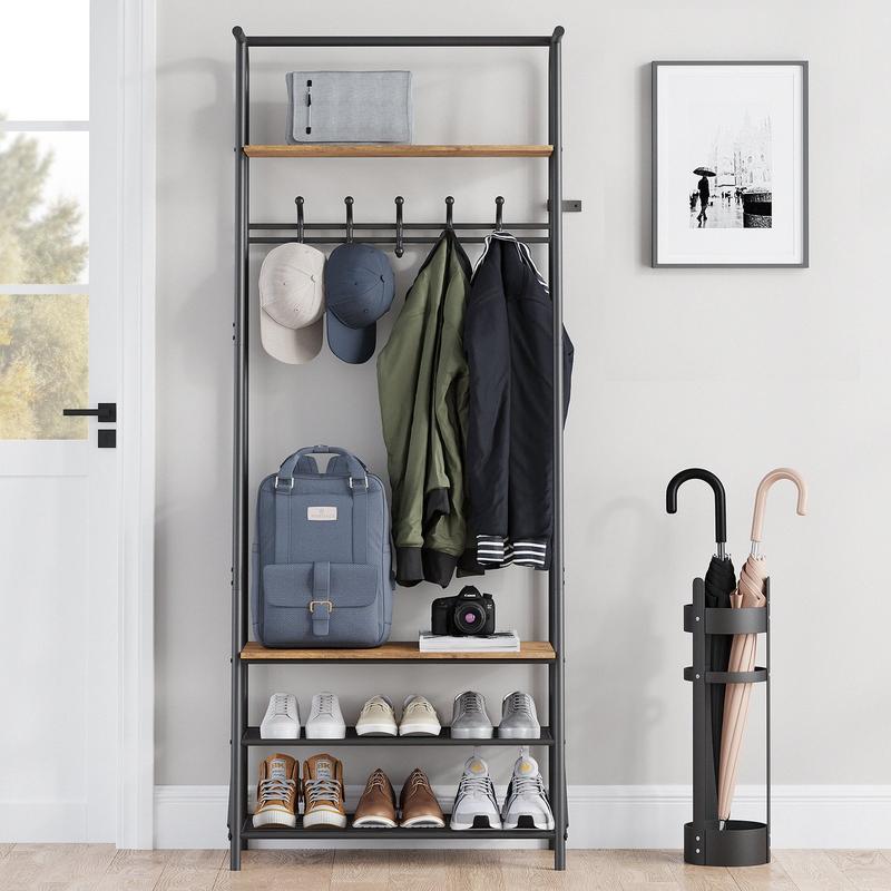 【GARVEE】Multifunctional Coat Rack Shoe Bench with 5 Hooks + Wood Look + Metal Frame + Top Shelf + C-shaped Hooks + Sturdy Frame + Entryway Organizer